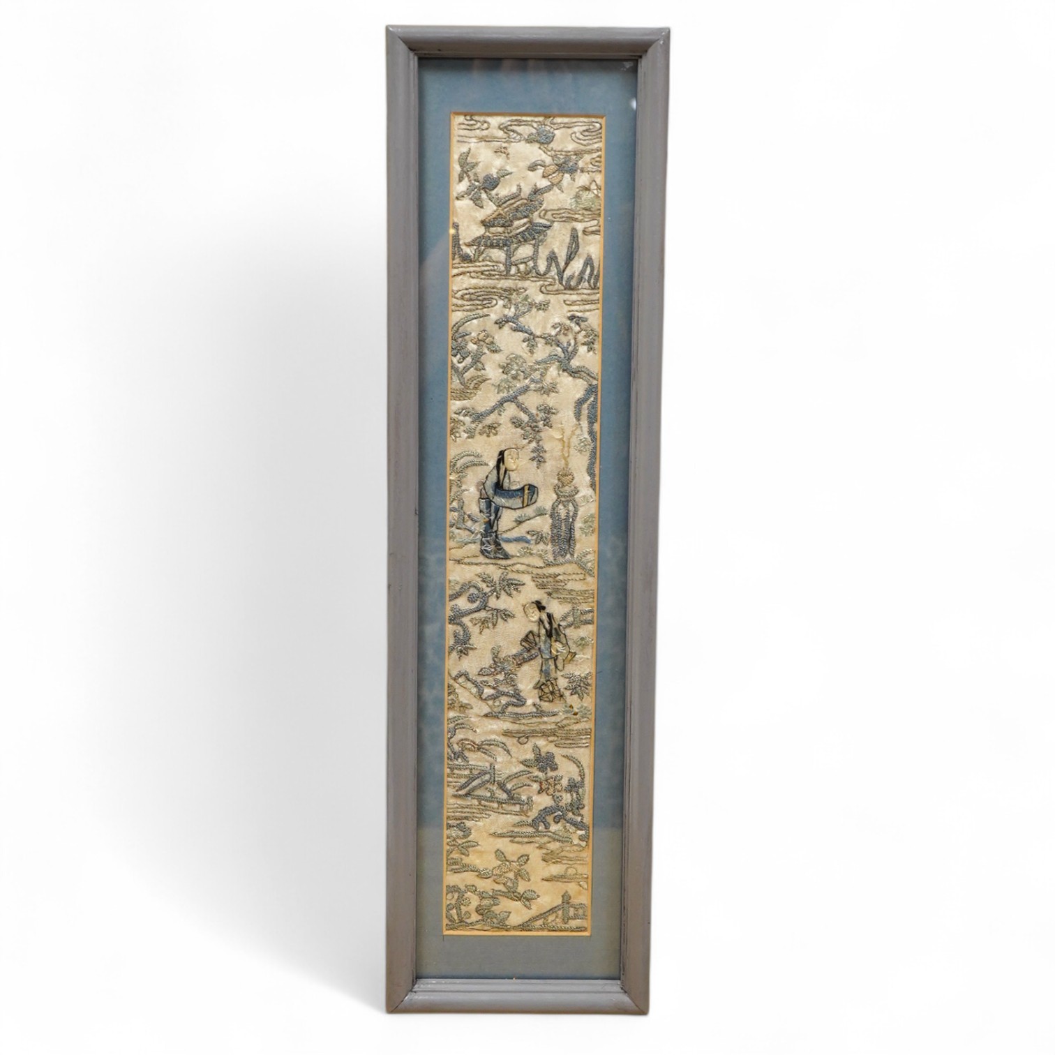A framed Chinese silk embroidery sleeve band worked with Chinese knotting, 47 x 8cm